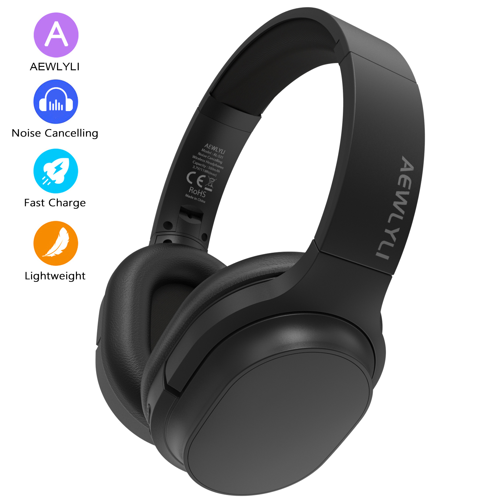 AEWLYLI Noise Cancelling Headphones, Bluetooth over Ear Headphones, Wireless Foldable Stereo Microphone, S31 - Black