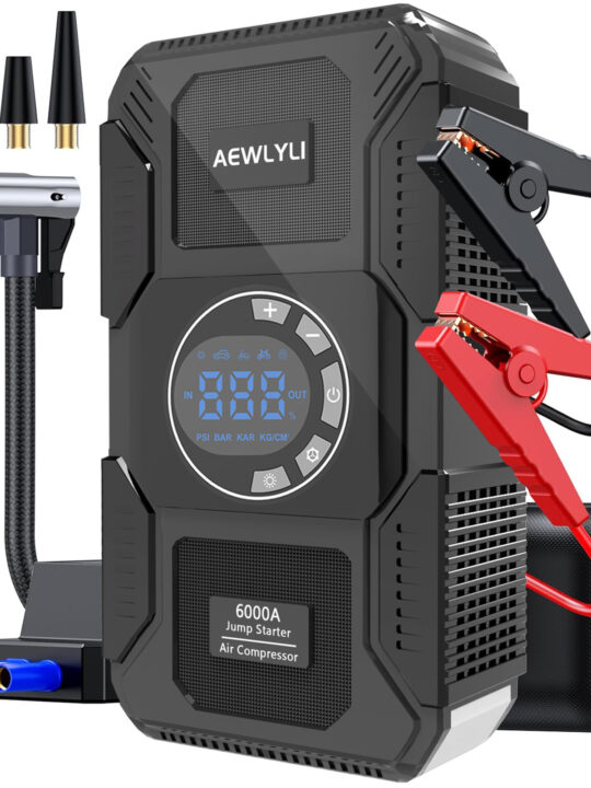 AEWLYLI Car Jump Starter, 6000A Battery Jump Starter with Air Compressor(for All Gas or Diesel Engine), 12V Jump Box with LCD Display, 150PSI Tire Inflator, Flashlight, USB Quick Charge